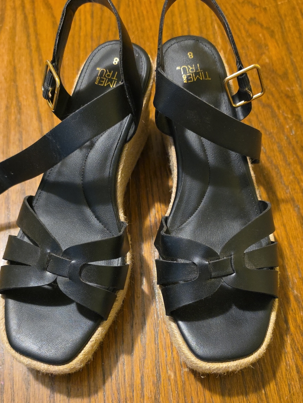 Time and Tru Black Espadrille Wedge Sandals with Gold Buckle